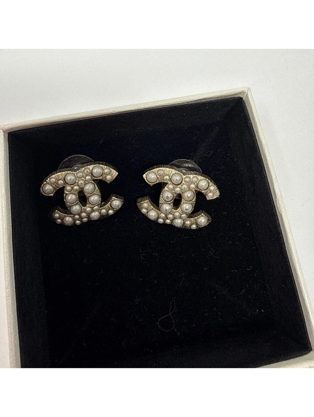 CHANEL Gold Tone CC Logo Stud Earrings White  Faux Pearl